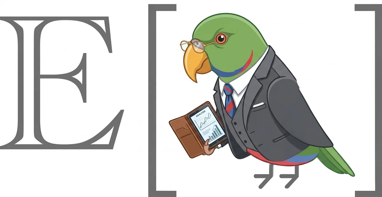 Bower artwork: a green parrot consultant in a suit and glasses holding an analysis tablet, inside expectation brackets