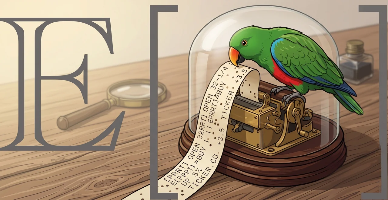 Burr artwork: a green parrot perched on a brass stock ticker under a glass dome, inside expectation brackets