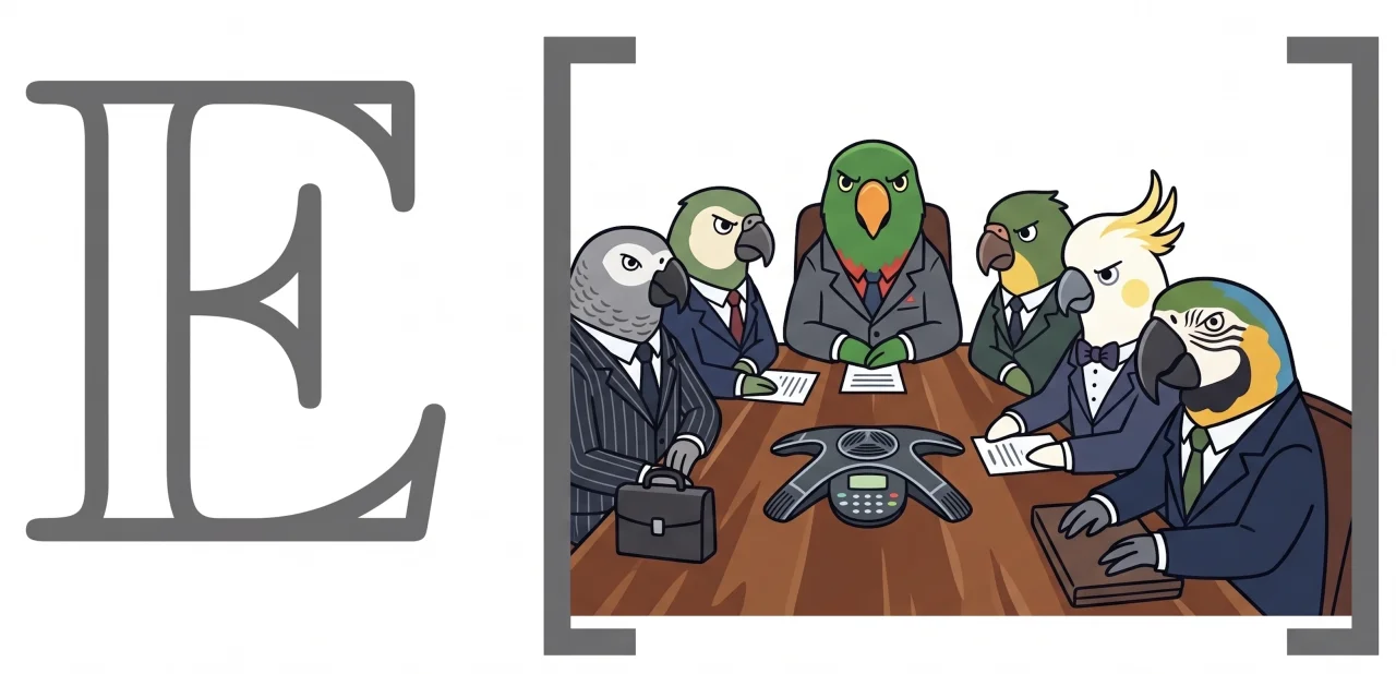 Earnings artwork: parrots in business suits gathered around a conference-call speakerphone, inside expectation brackets