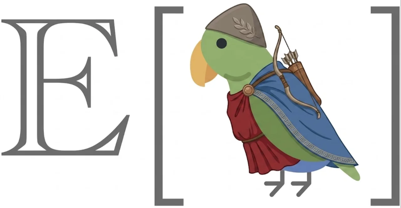 Epiq artwork: a green parrot wearing a cap and cape, carrying a bow and arrows, inside expectation brackets