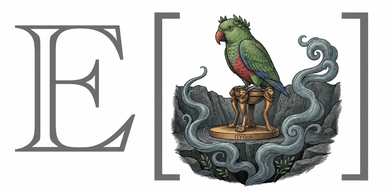 Helmer artwork: a laurel-crowned parrot at the oracle of Delphi inside expectation brackets