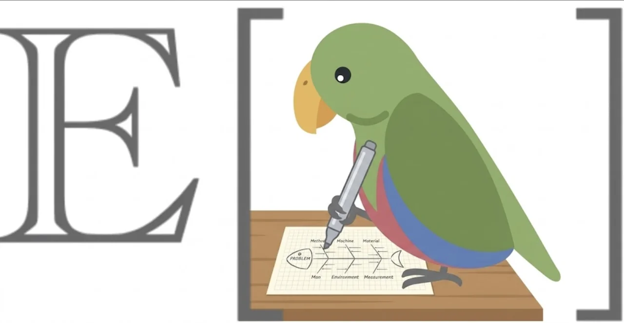 Ishikawa artwork: a green parrot drawing a fishbone diagram inside expectation brackets