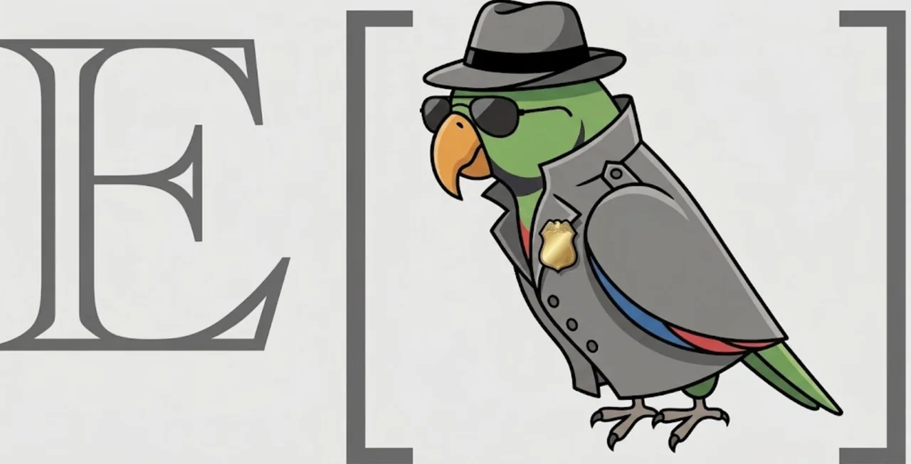 Kean artwork: a green parrot detective in a fedora and trench coat