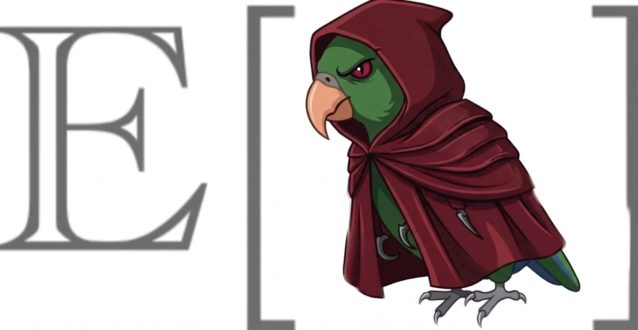 Perla artwork: a green parrot wearing a burgundy hooded cloak, inside expectation brackets