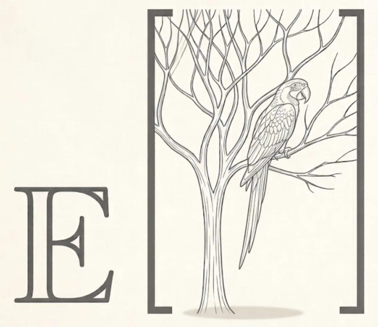 Raiffa artwork: a parrot perched in a branching tree, framed by expectation brackets