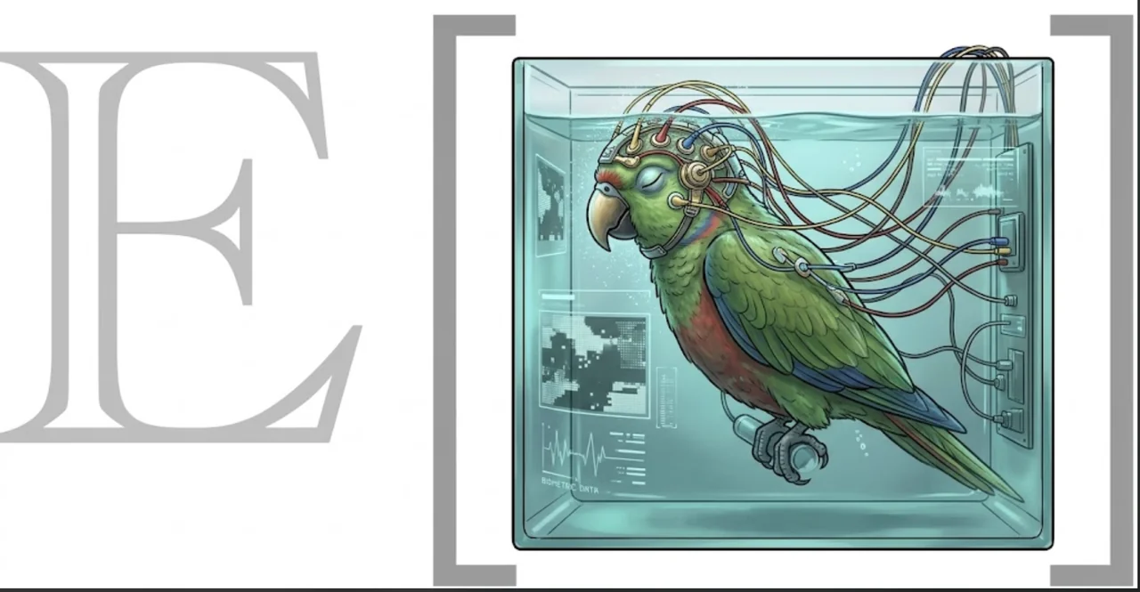 Vorhersage artwork: a green parrot connected to sensors in a glass tank, framed by expectation brackets
