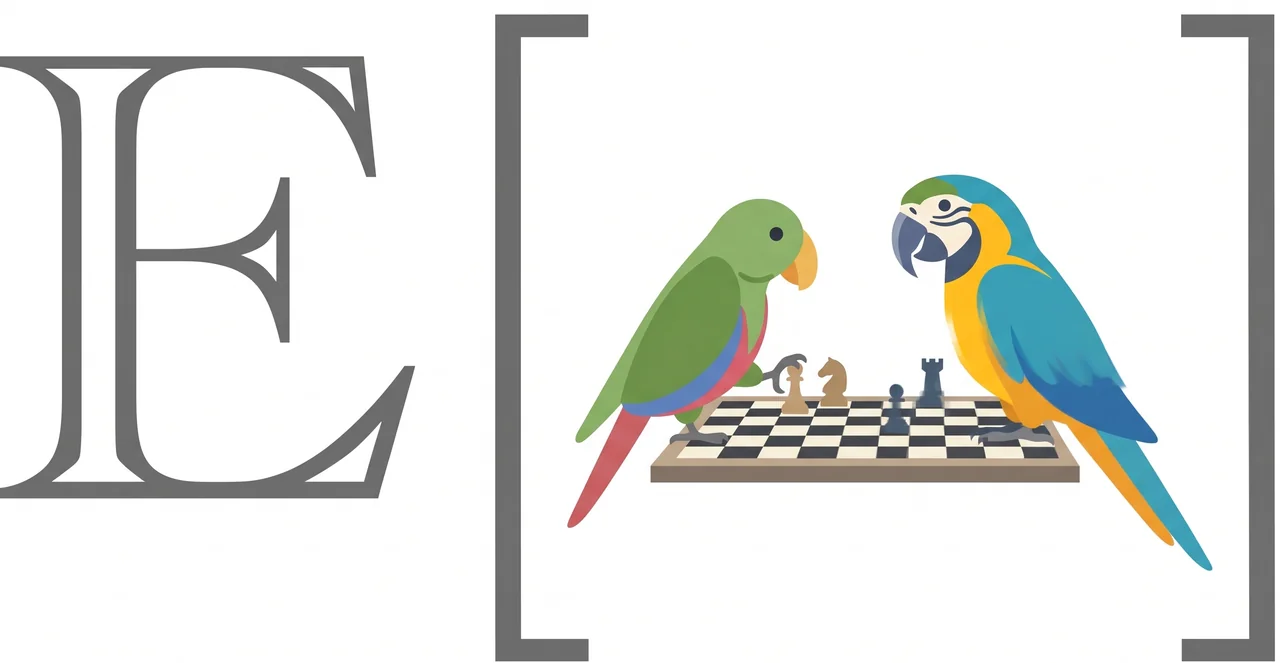 Zermelo artwork: two parrots playing chess inside expectation brackets