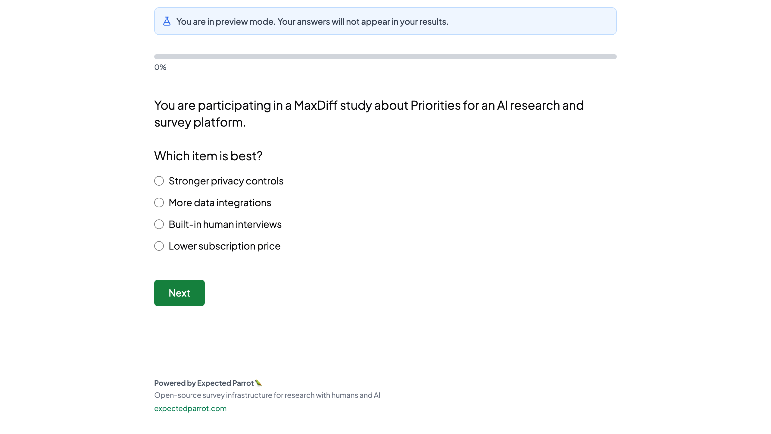 Humanize preview showing the first MaxDiff best-choice question with four roadmap priorities