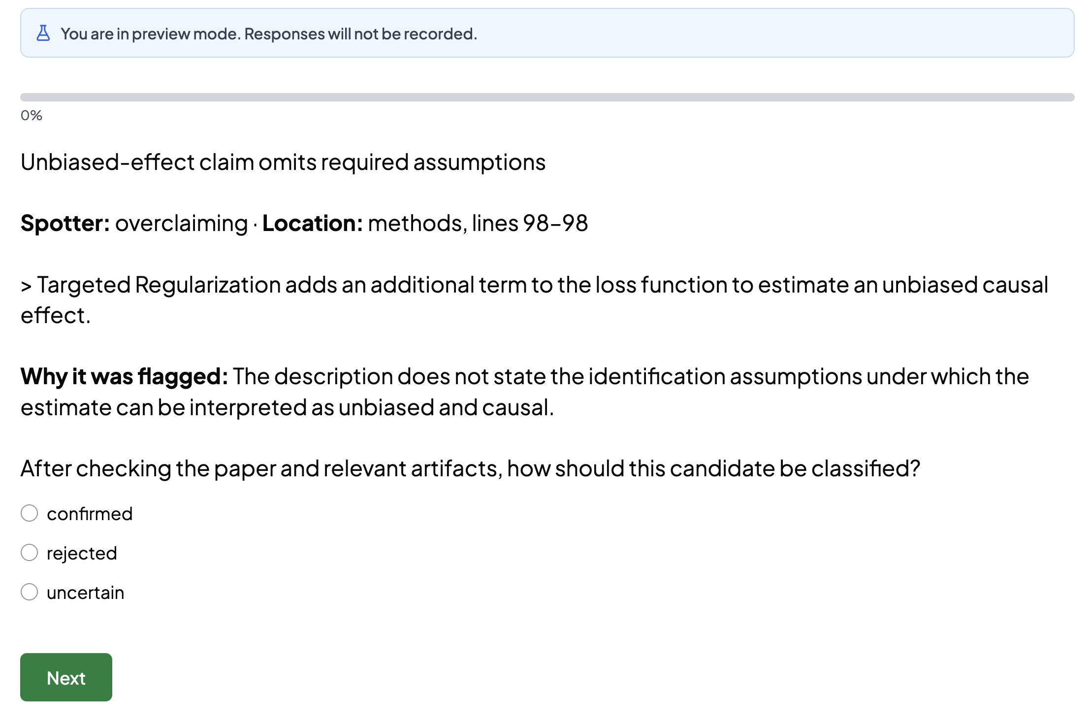 The Expected Parrot Humanize preview displaying a Katz issue, its manuscript quotation and generated reason, followed by confirmed, rejected, and uncertain triage choices.