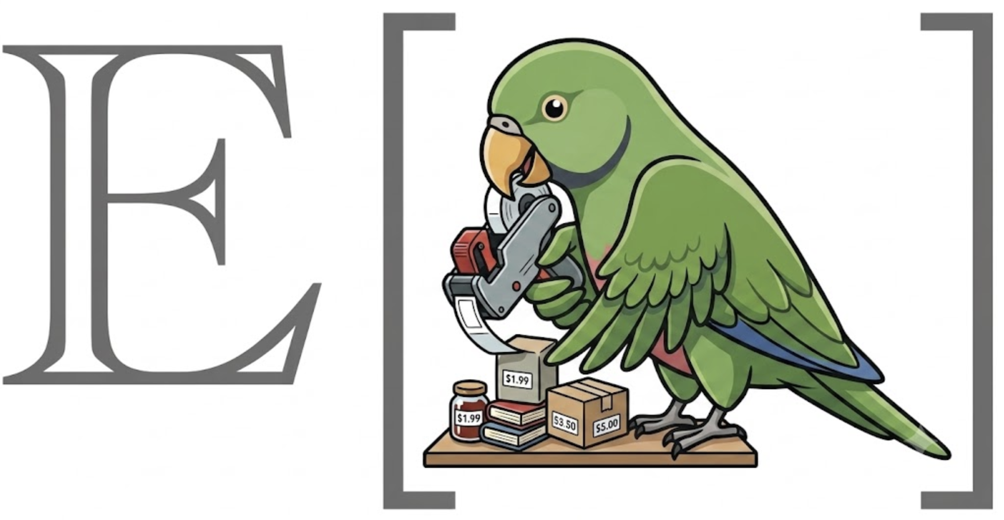 A green parrot using a labeling gun beside the letter E