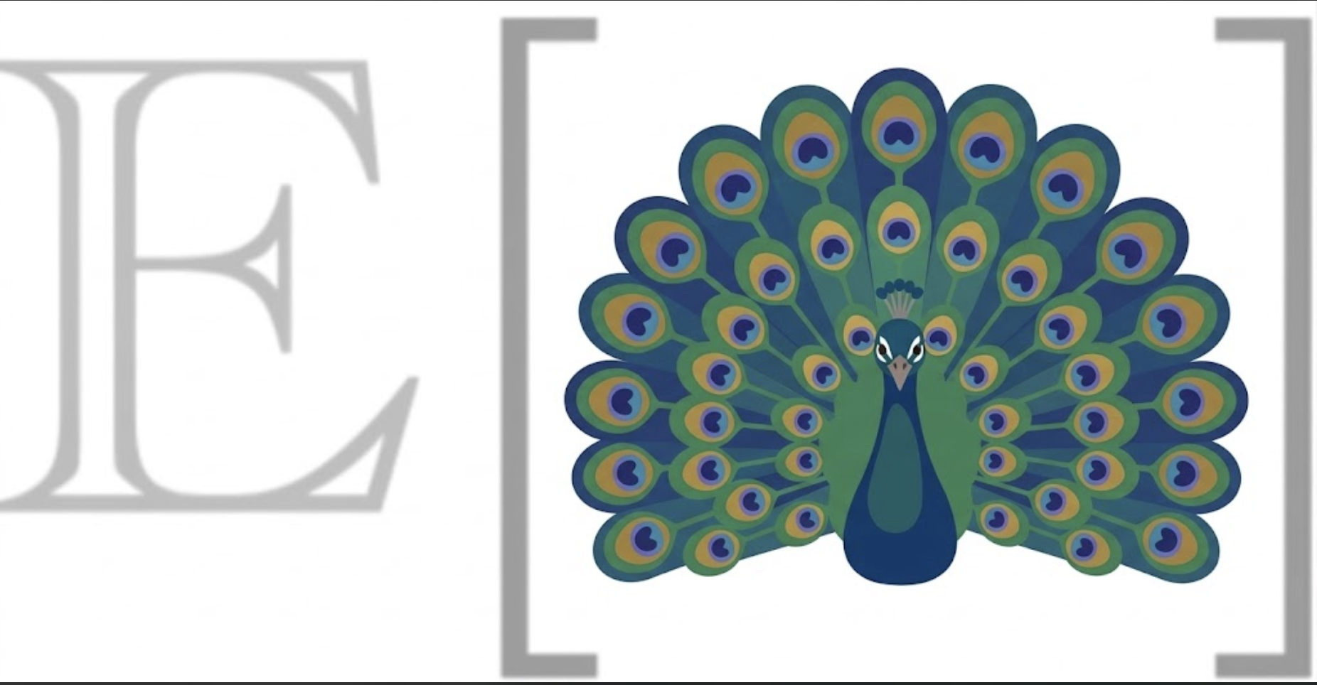 Spence artwork featuring a peacock with its tail fanned inside brackets
