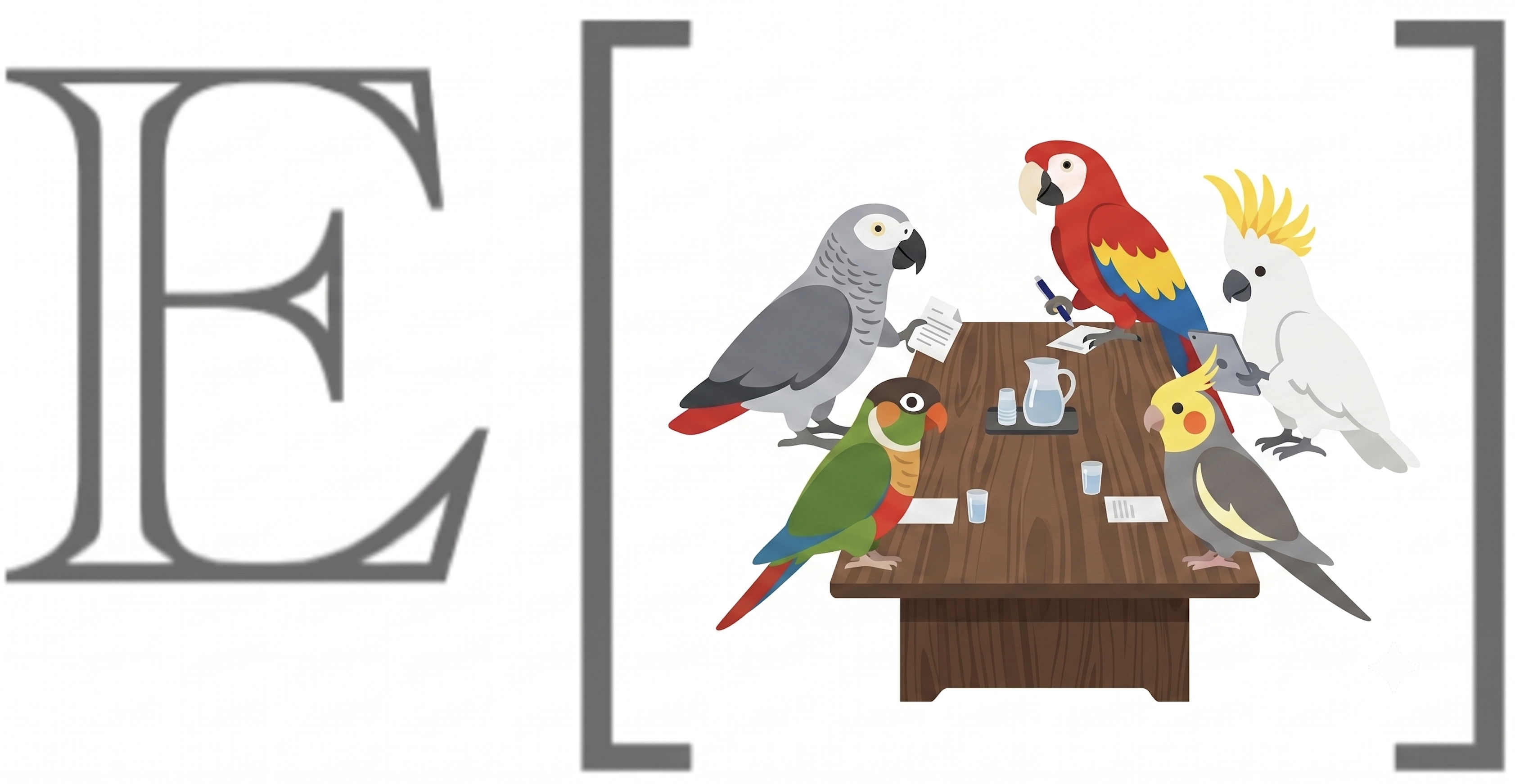 Five parrots preparing a meeting around a table