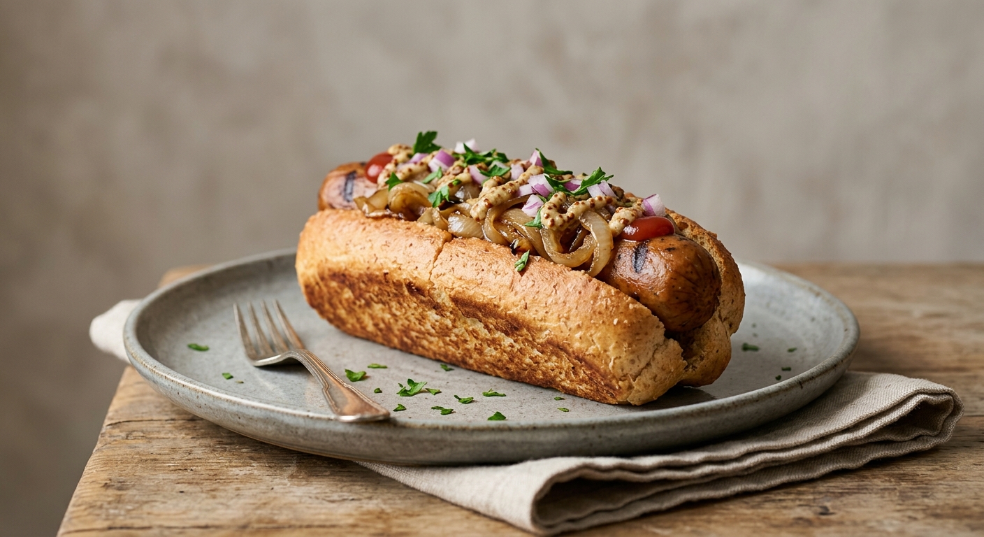Generated gluten-free-bun veggie hot dog with onions