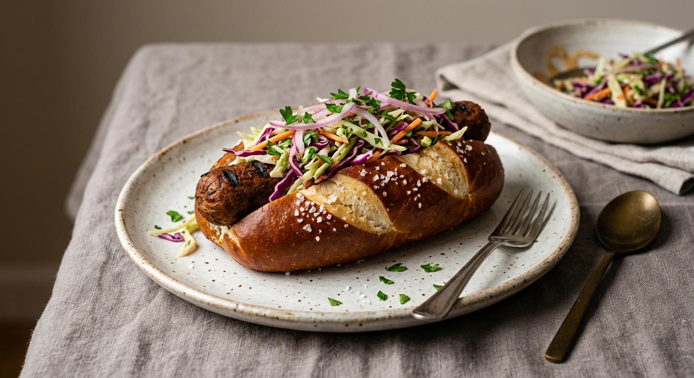 Generated pretzel-bun veggie hot dog with slaw