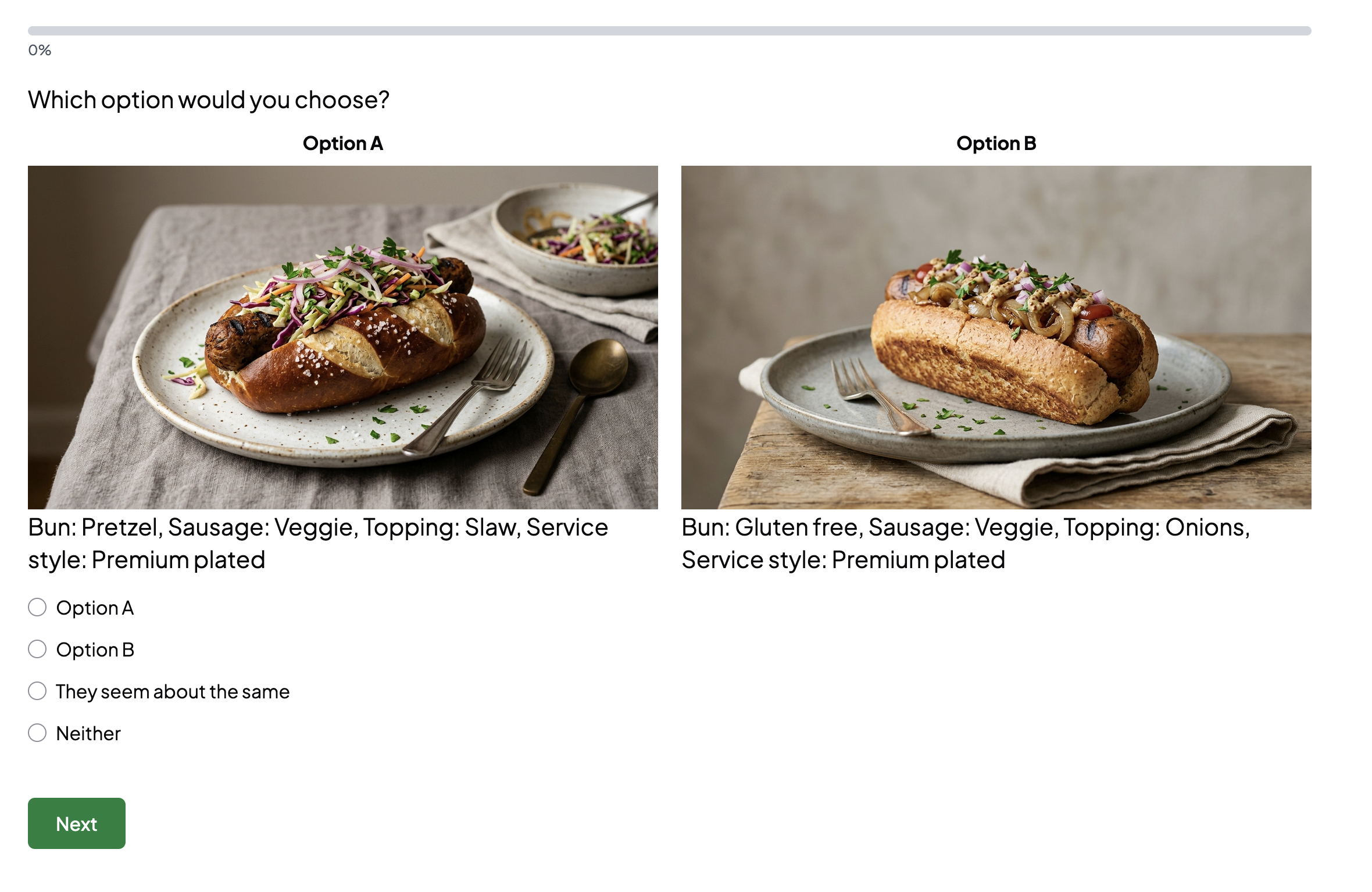 Humanize survey showing two generated hot-dog options side by side with four response choices